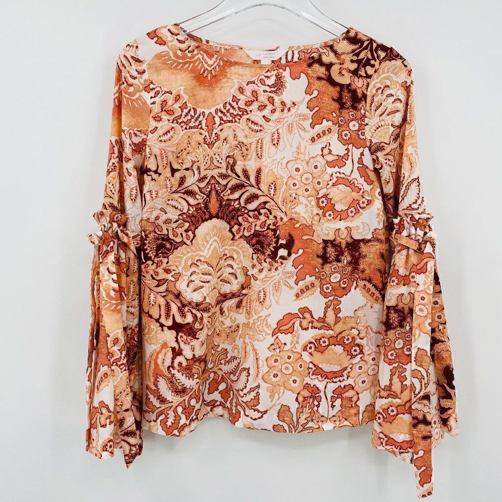 LC Lauren Conrad Size XS Peachy Floral Boho Tie Bell Sleeve Peasant Blouse Top
